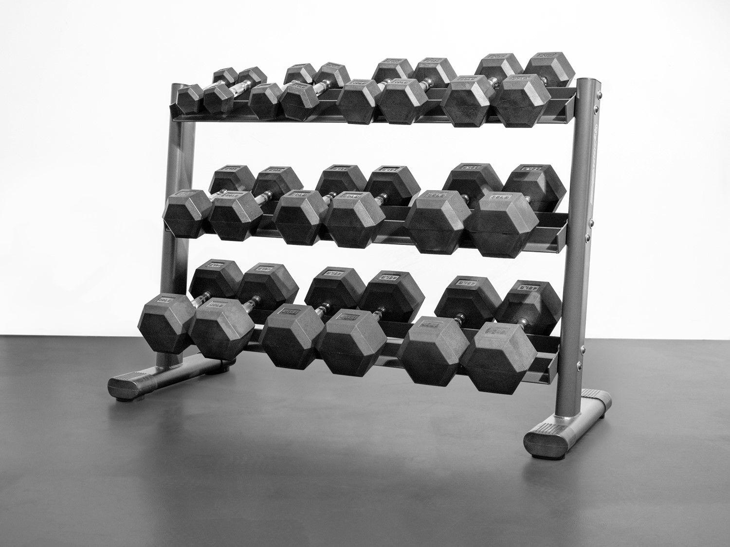Hexagon-shaped, no-roll heads for easy storage and stability when performing floor workouts