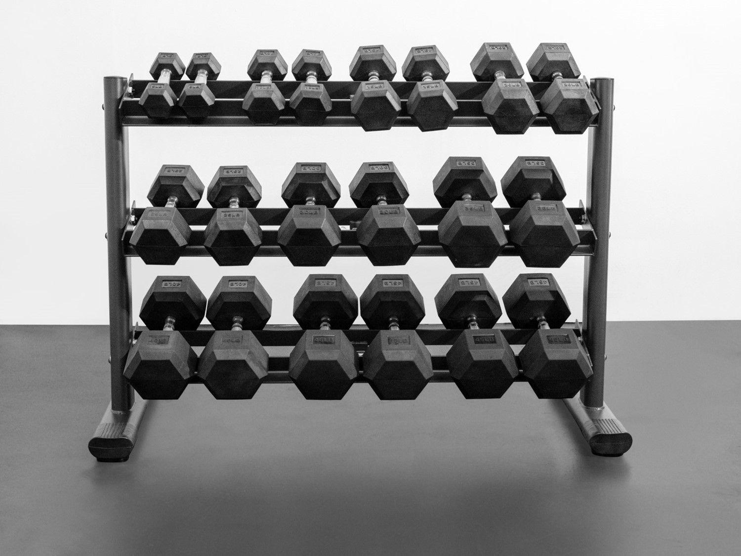 Total of 10 pairs of dumbbells (5, 10, 15, 20, 25, 30, 35, 40, 45, 50 lbs.)