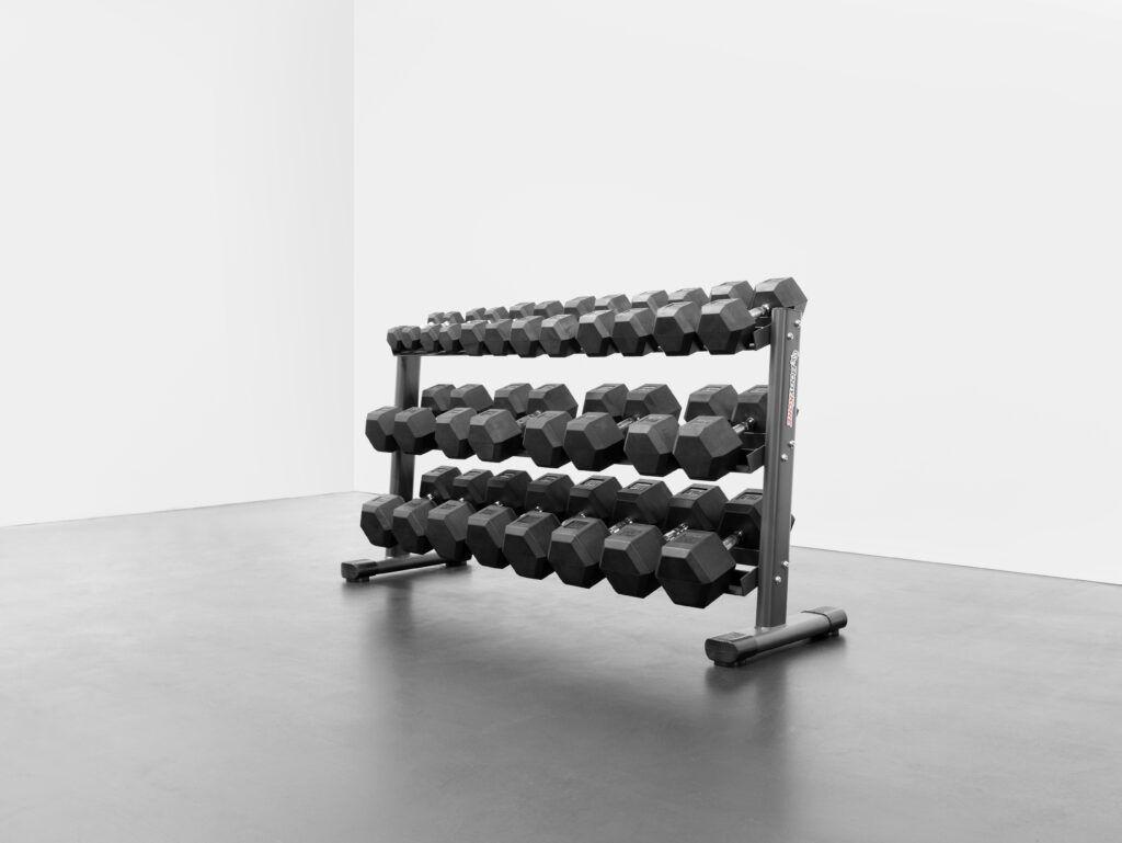 Hexagon-shaped, no-roll heads for easy storage and stability when performing floor workouts